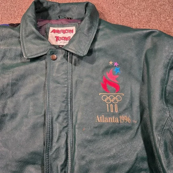 Vintage American Toons Olympics Leather Jacket XL 1996 Atlanta Embroidered Flags - Picture 3 of 10